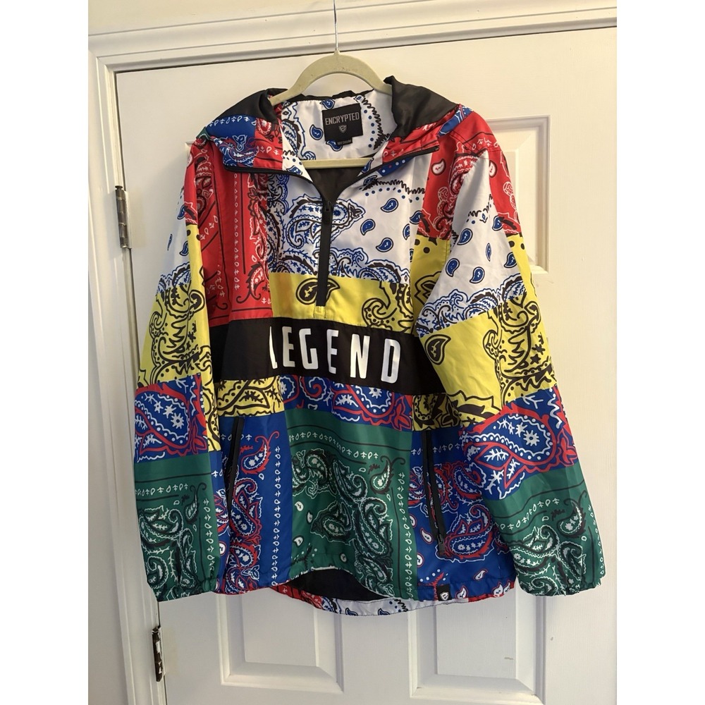 Encrypted NYC Patchwork Bandana Print Pullover Windbreaker Jacket Medium Pockets
